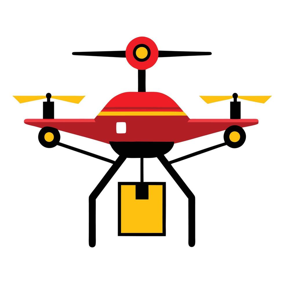 A red and yellow drone with a box on it vector