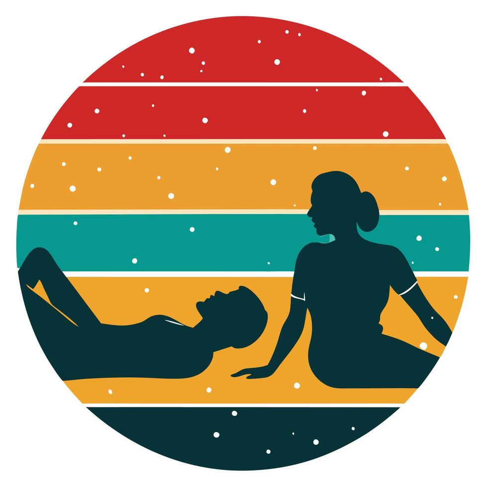 A man and woman lying on the ground in front of a colorful background vector
