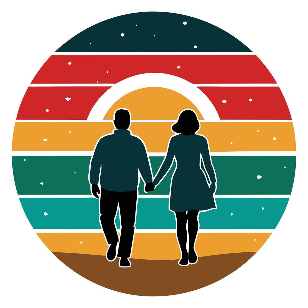 A couple holding hands in front of a sunset vector