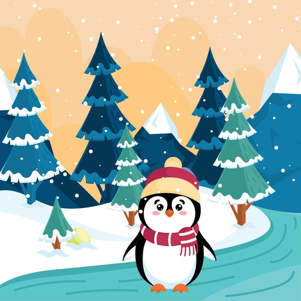 Penguin in snowy forest with sunset background, vector