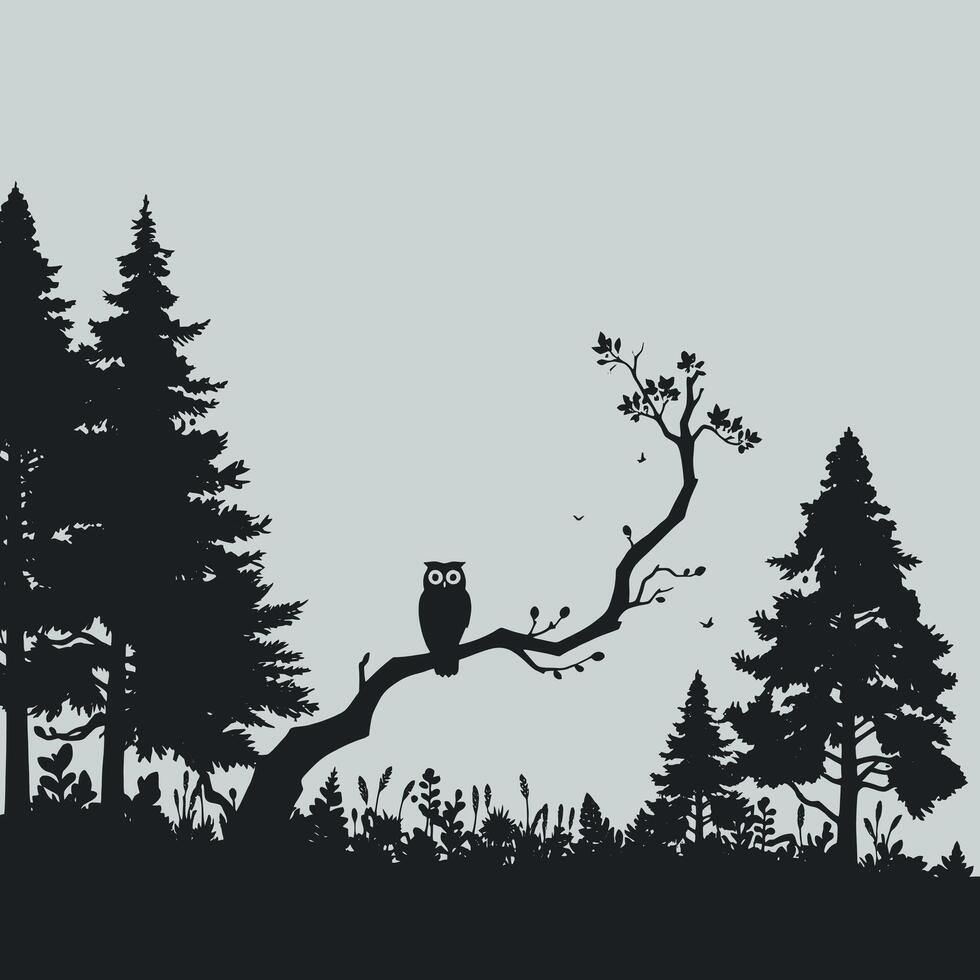 Silhouette of owl sitting on a tree branch in the forest vector