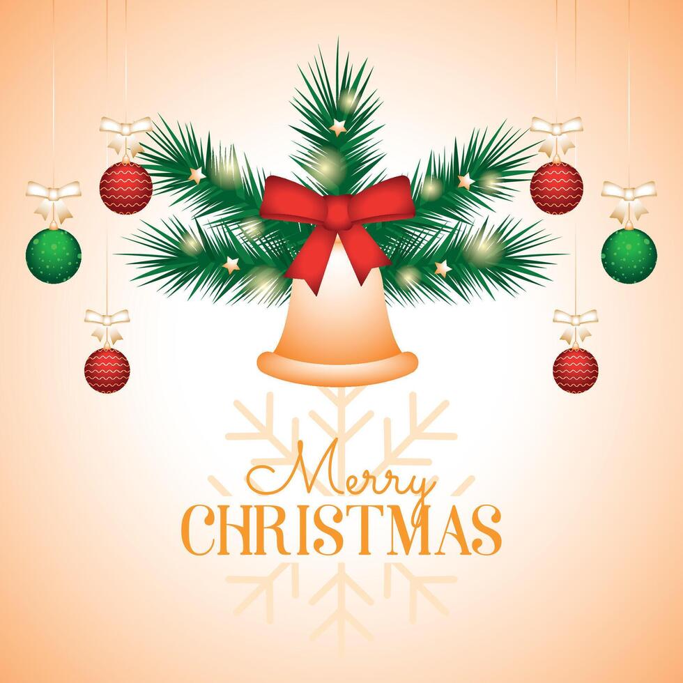 Merry Christmas card with bell and ornaments, vector
