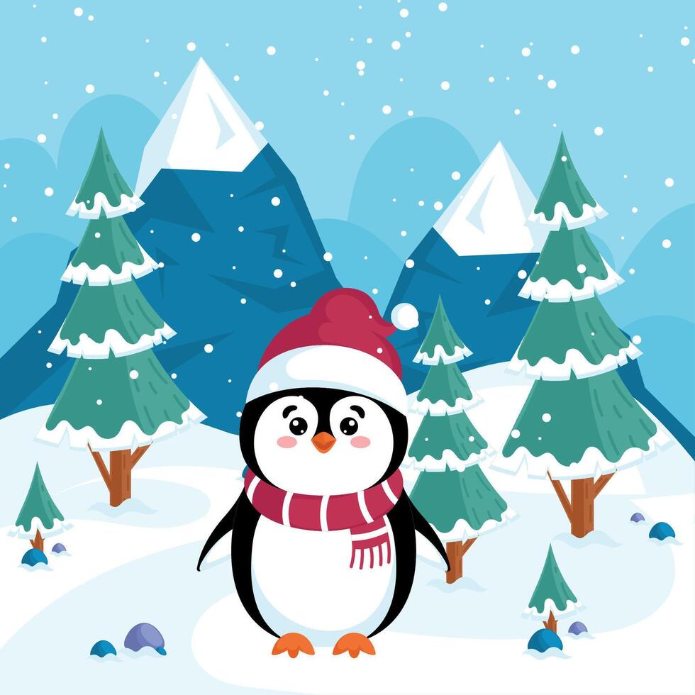 Penguin in snowy forest with mountains, vector