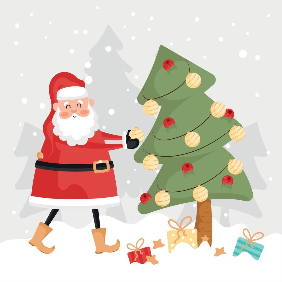 Santa decorating Christmas tree with gifts, vector