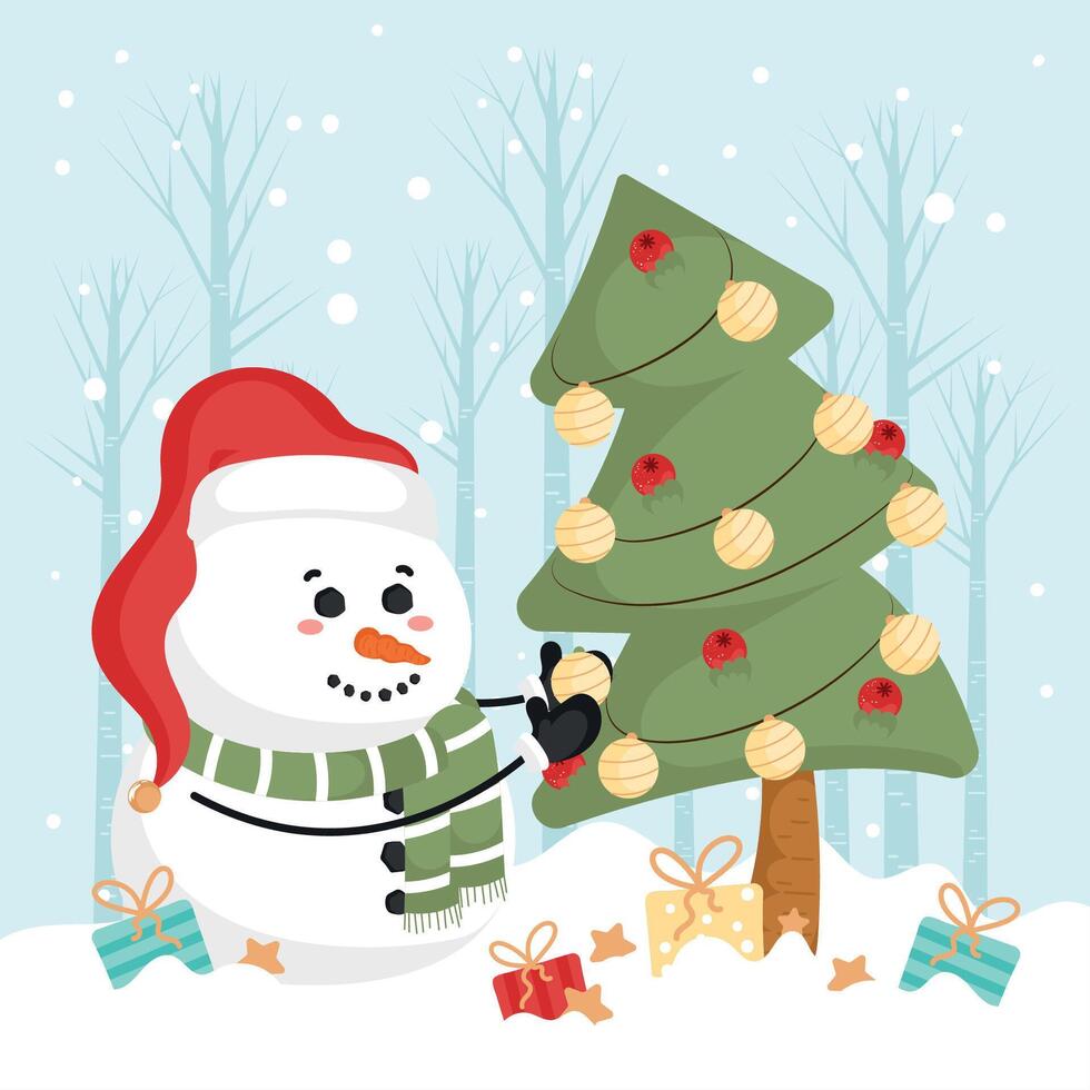 Snowman decorating Christmas tree with gifts, vector