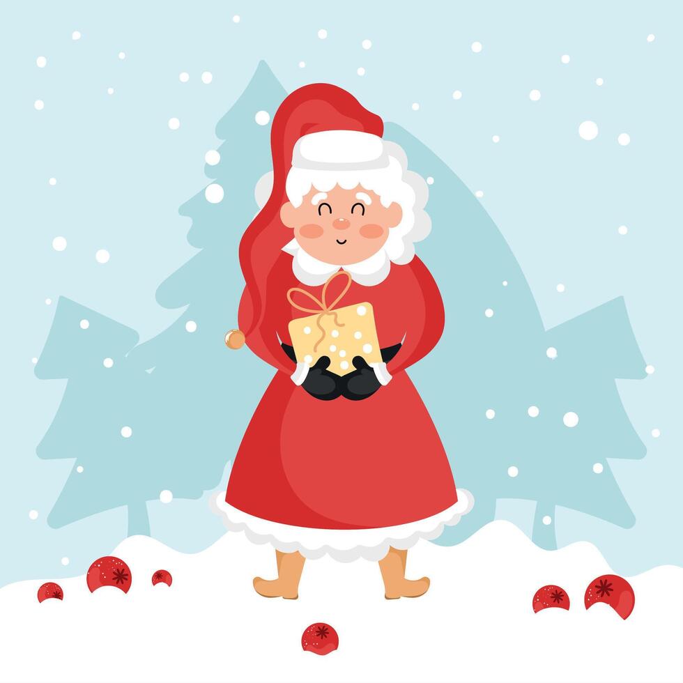 Mrs Claus holding yellow wrapped gift box, vector