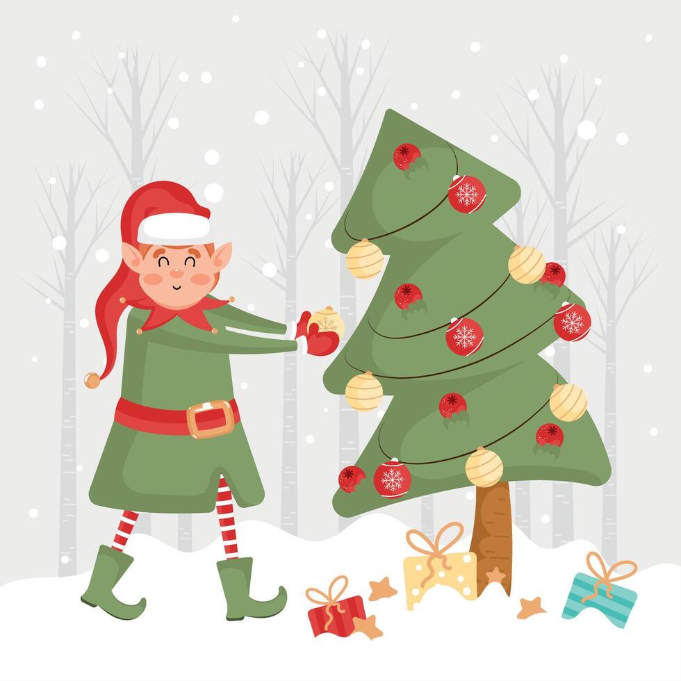 Christmas elf decorating Christmas tree with gifts, vector