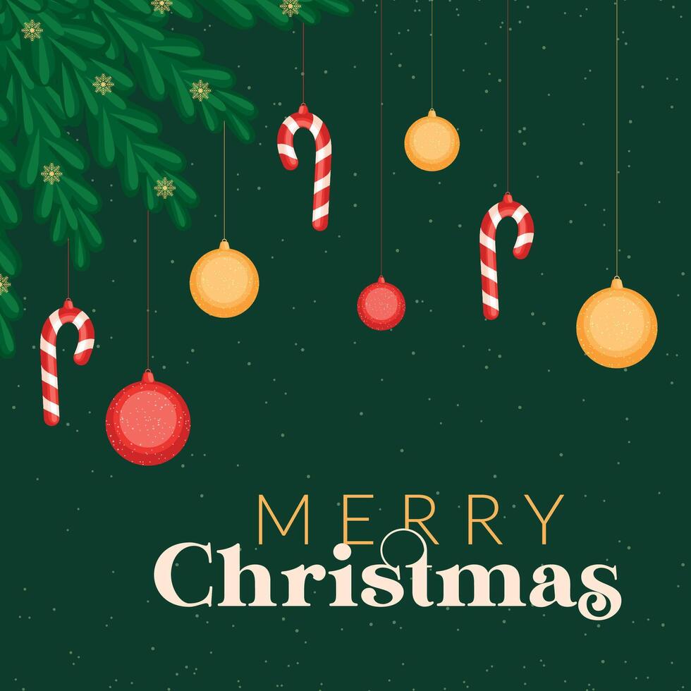 Merry Christmas card with baubles and candy canes, vector