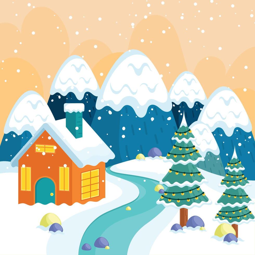 Mountain cabin and snowy trees with decorations, vector