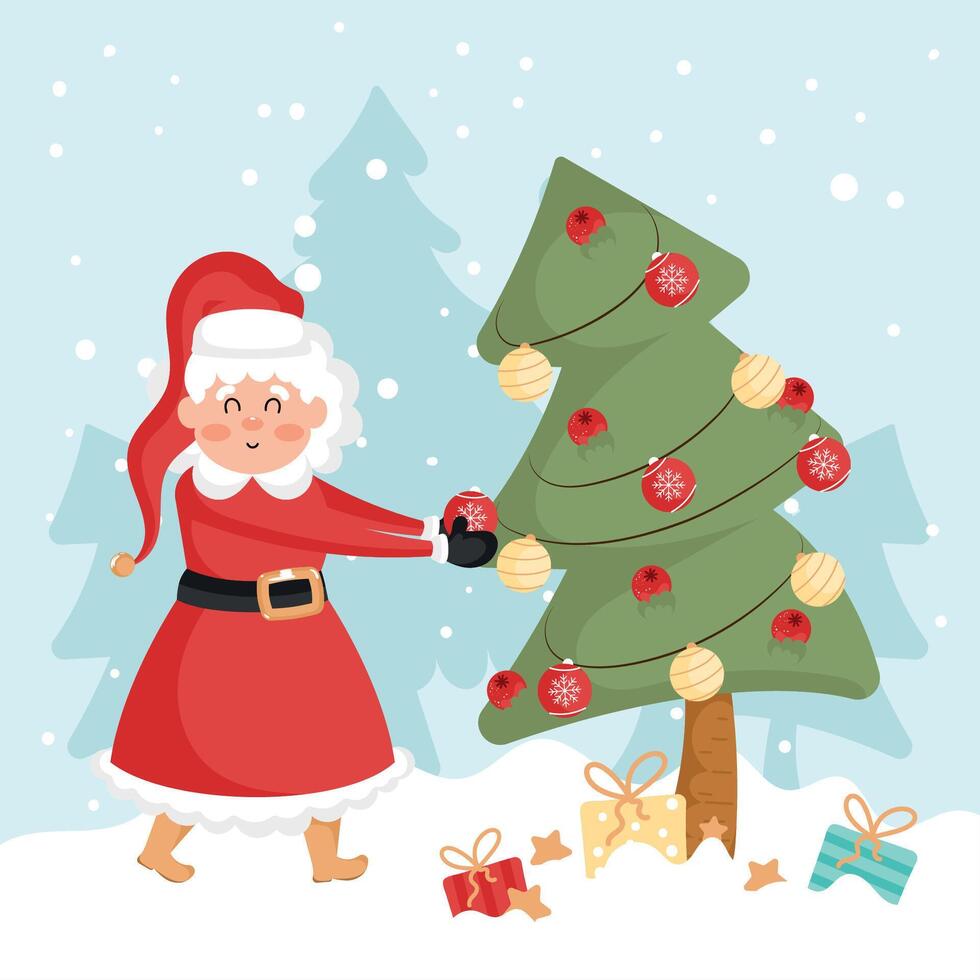 Mrs Claus decorating Christmas tree with gifts, vector