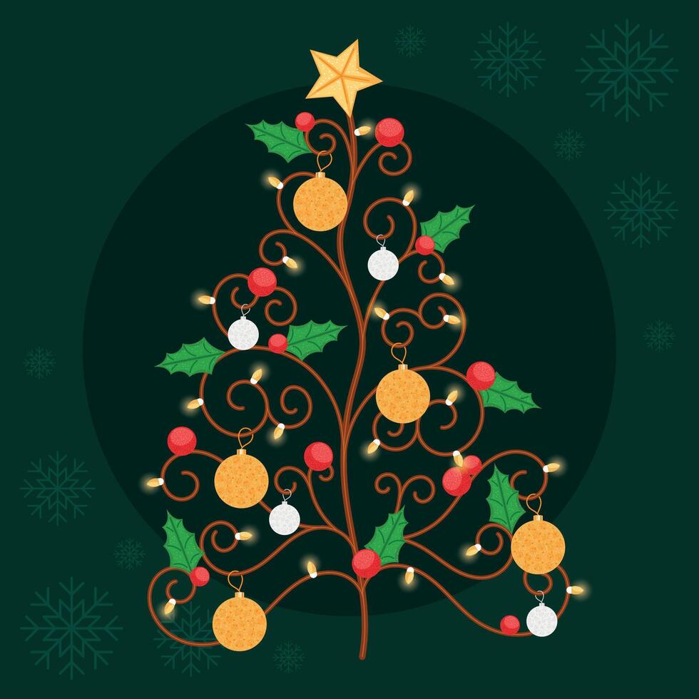 Stylized Christmas tree with holly decor, vector