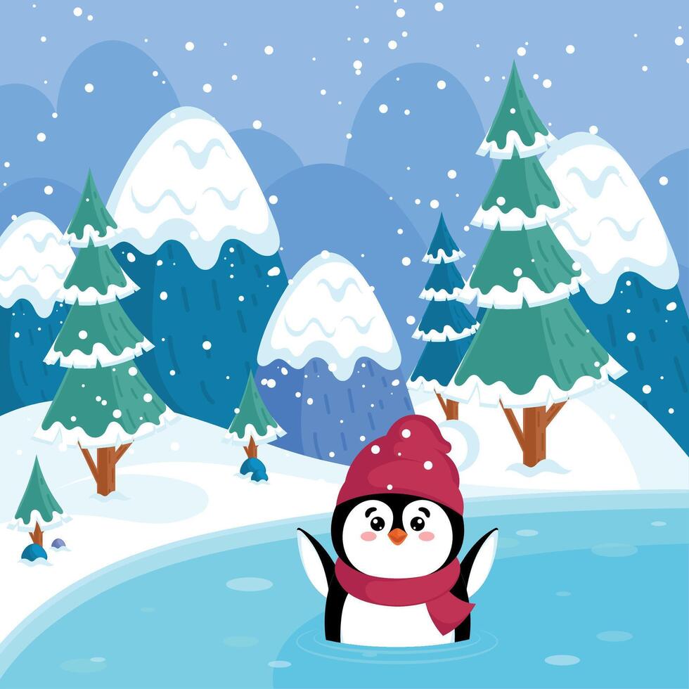 Penguin playing in frozen lake with trees, vector