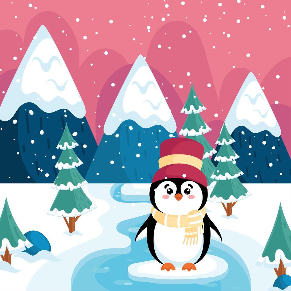 Penguin standing on ice in snowy forest, vector