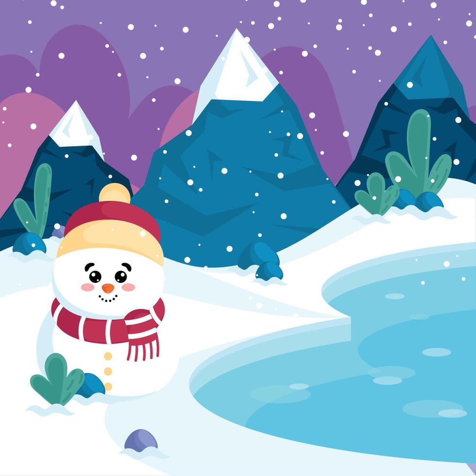 Snowman by snowy mountains and icy pond, vector