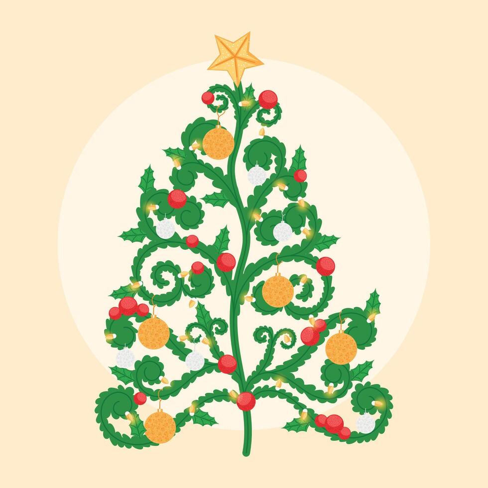 Floral-inspired Christmas tree with ornaments, vector