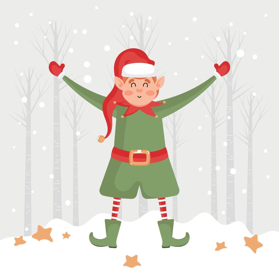 Happy Christmas elf raising arms, vector