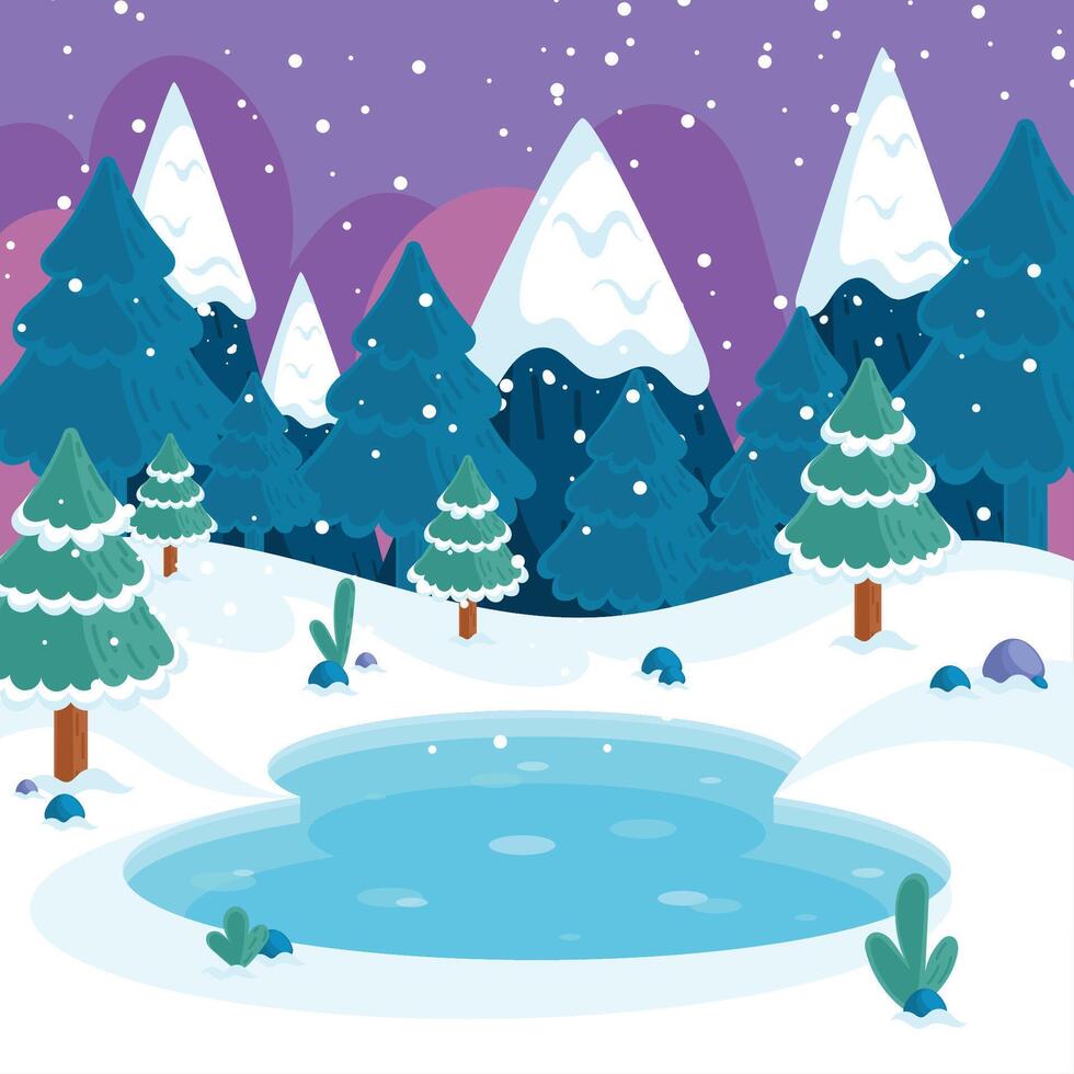 Snowy forest and icy pond at twilight, vector