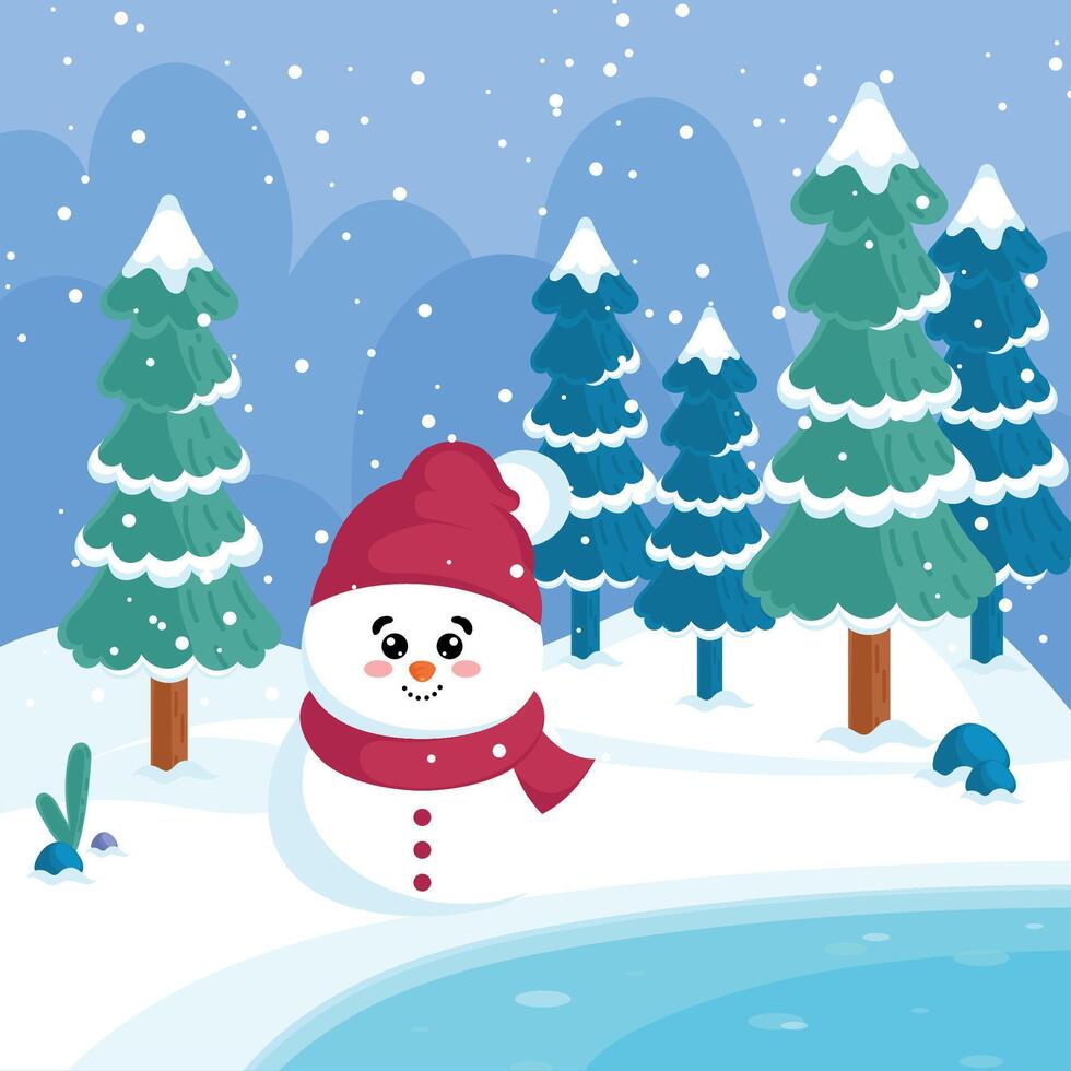 Snowman by a frozen lake in winter, vector