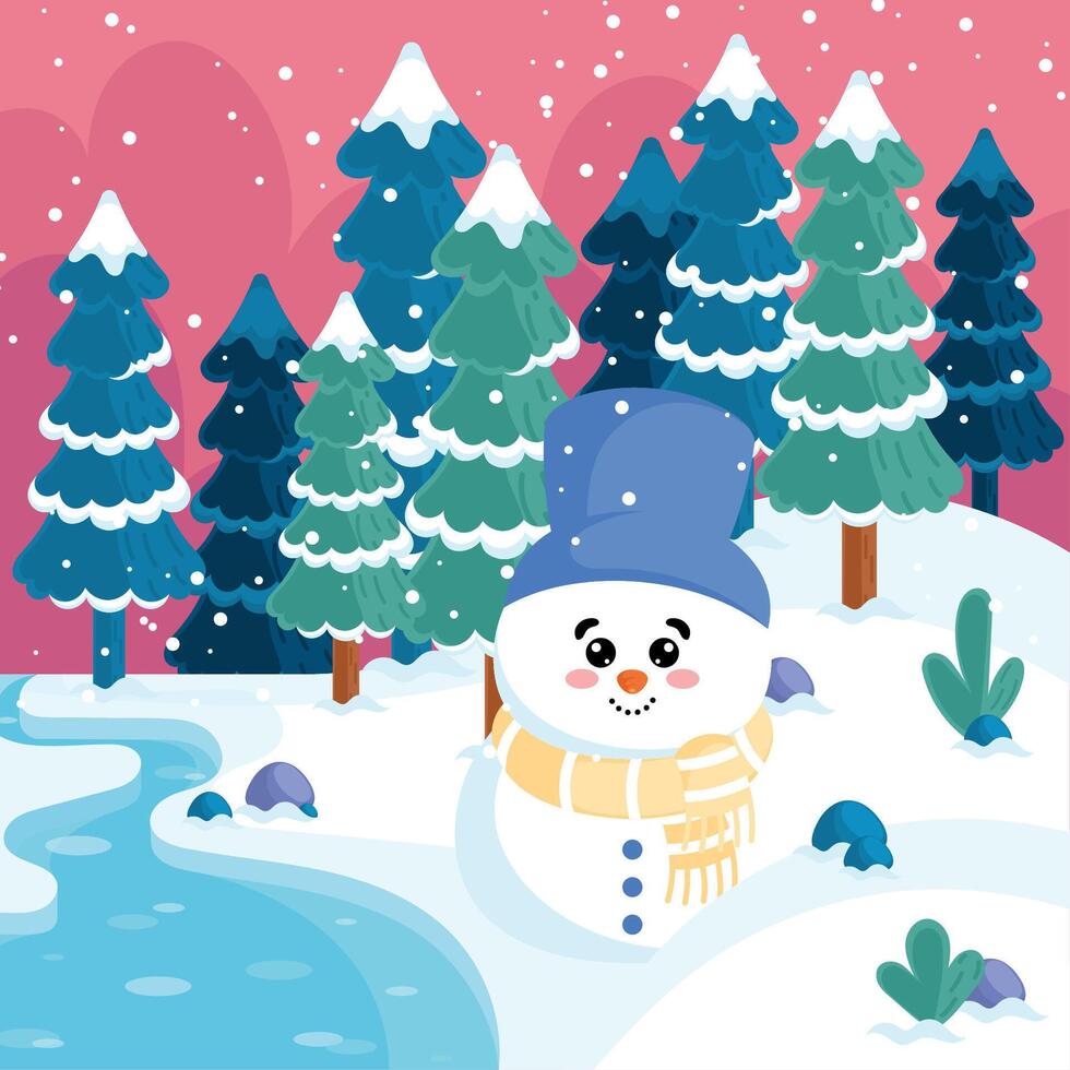 Snowman by a river in snowy forest, vector
