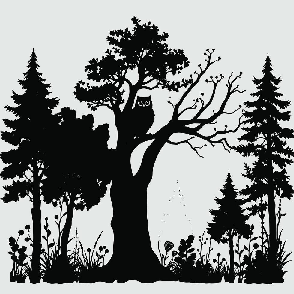 Silhouette of a tree with an owl sitting on it vector