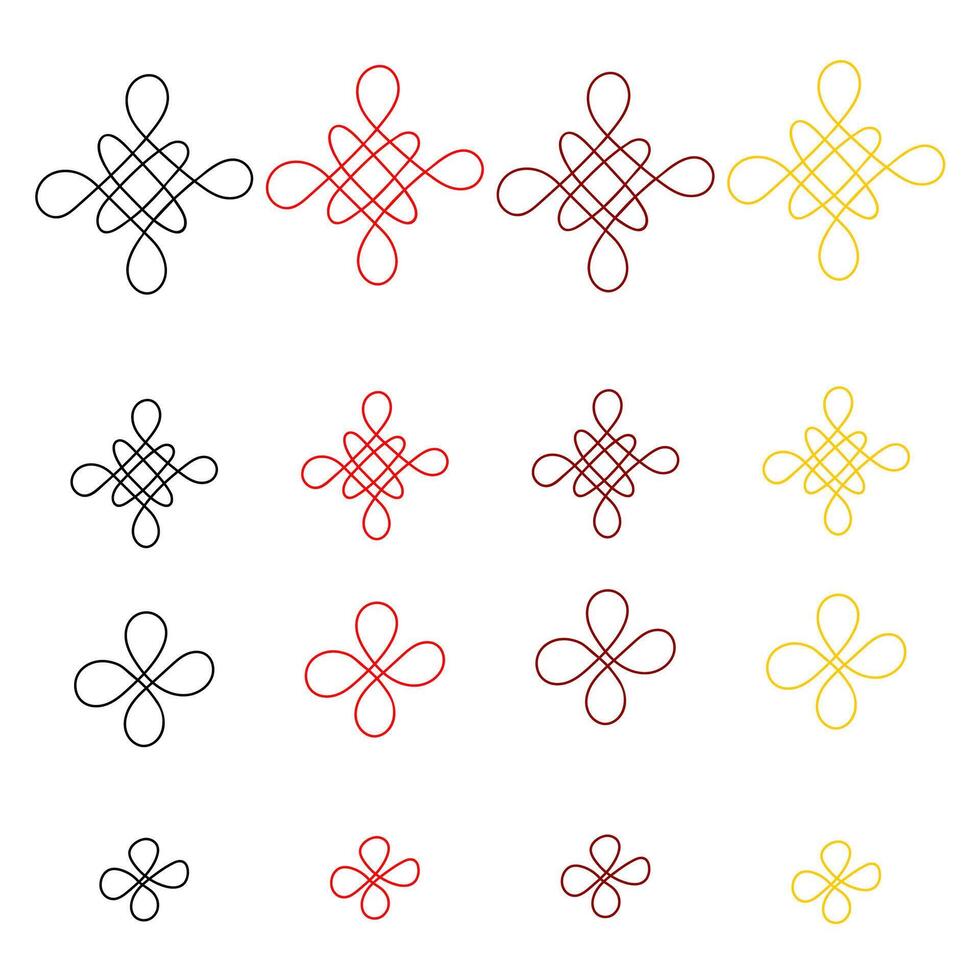 Collection of simplified Chinese knots in different colors. Simple contour silhouettes, red, black, bordo and yellow. Design elements, Chinese New Year celebration style vector