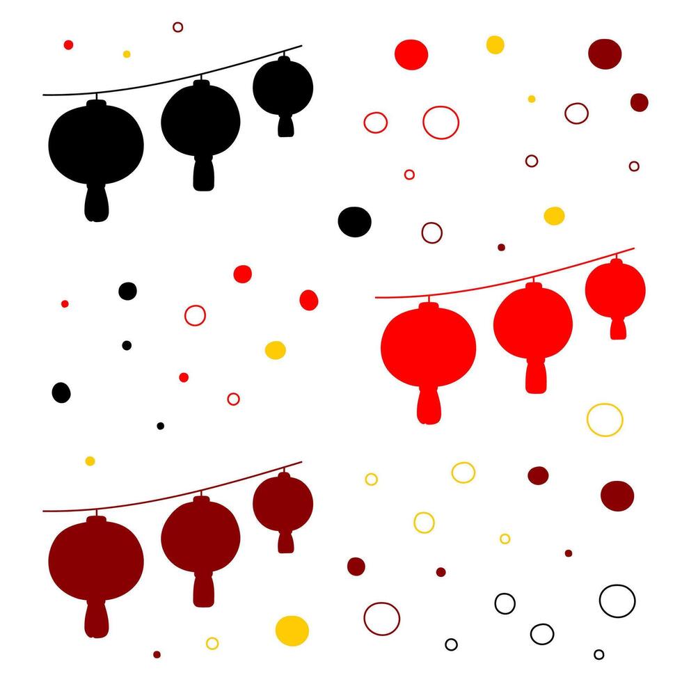 Celebration Icon Set. Triple red lanterns silhouettes, colorful dots. Cheerful clipart. Lunar New Year, Chinese, Asian, Lantern festival, street celebration. Asian, oriental, design art elements vector