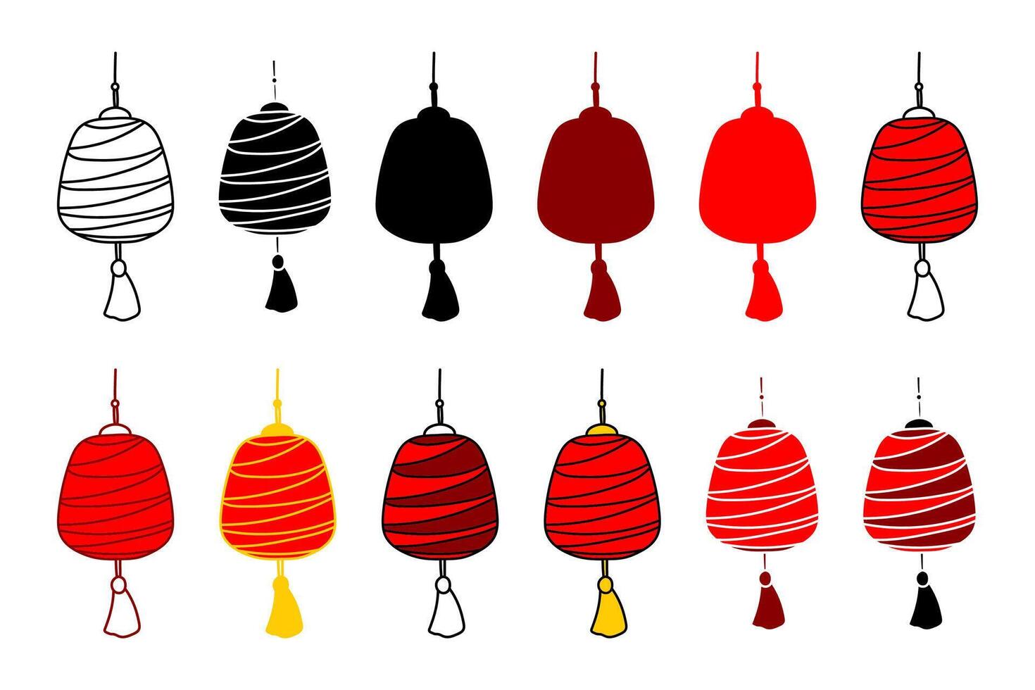 Stylized Red Lantern. Simple clipart set. Rounded paper lamp with tassel, different color variations, contour silhouette. Lunar New Year, street festival. Asian, oriental, design art elements, icons vector