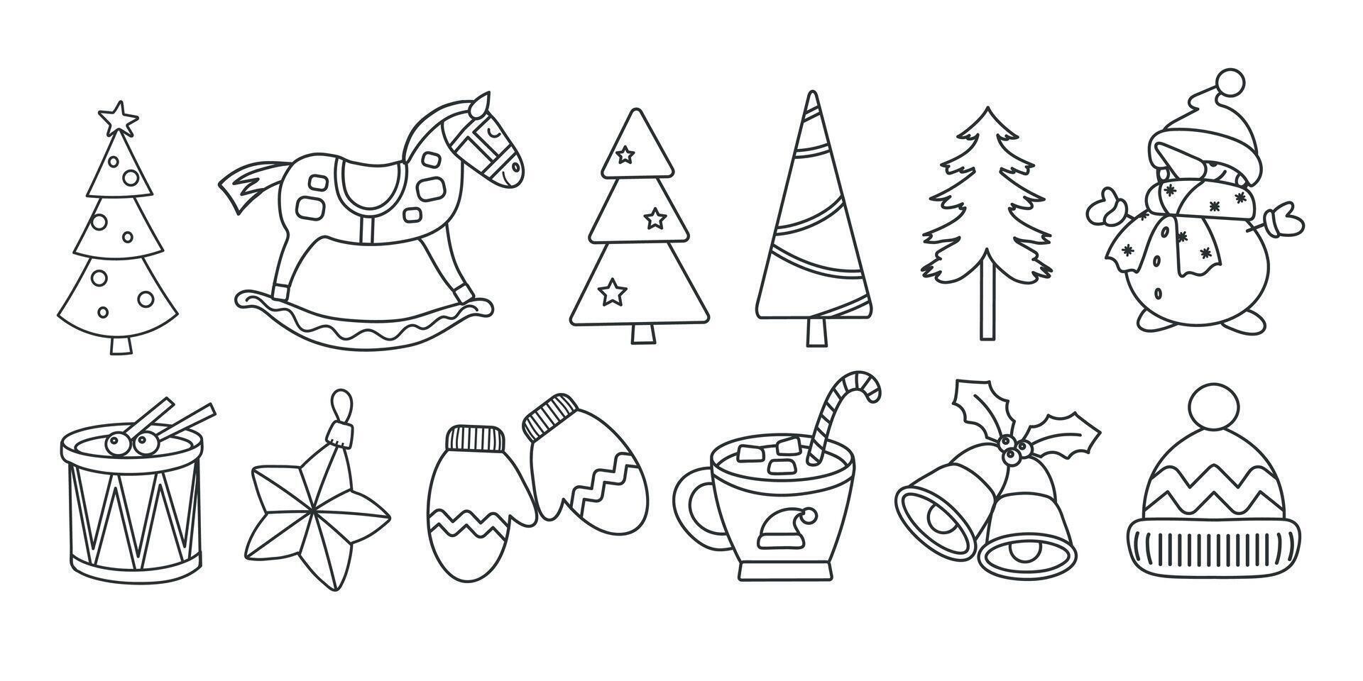 Line art set collection with New Year Christmas elements. Christmas tree, snowman, toy horse, decor, hot drink, winter cloth vector