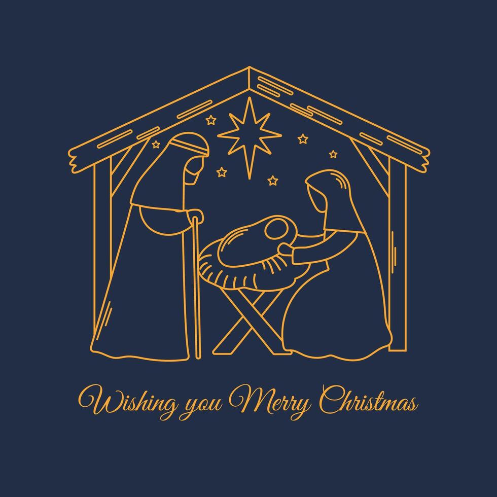 Manger scene Christmas line art on dark background vector