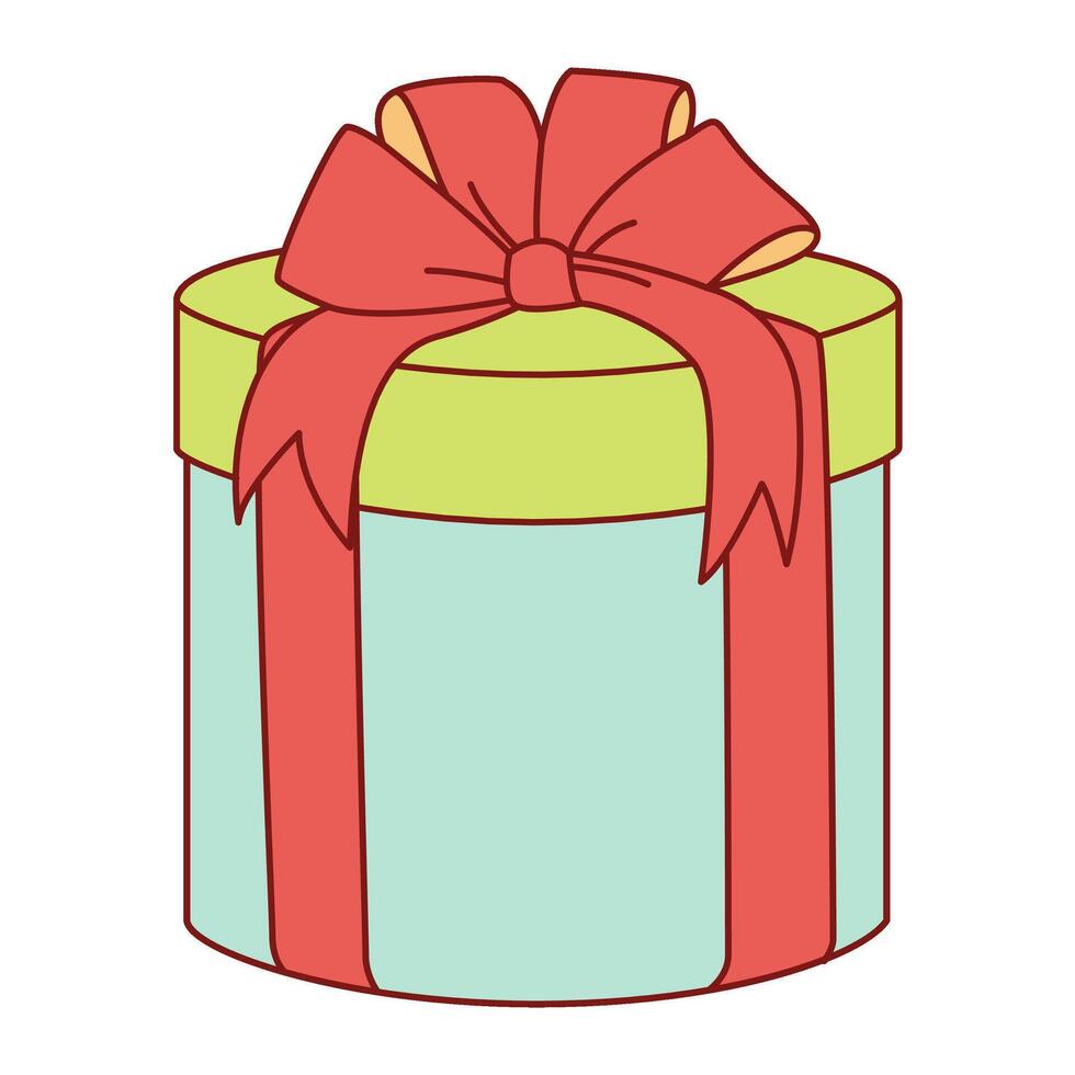 Gift box with red Ribbon and Bow. Hand drawn Trendy flat style isolated Gift or Christmas Present. illustration vector