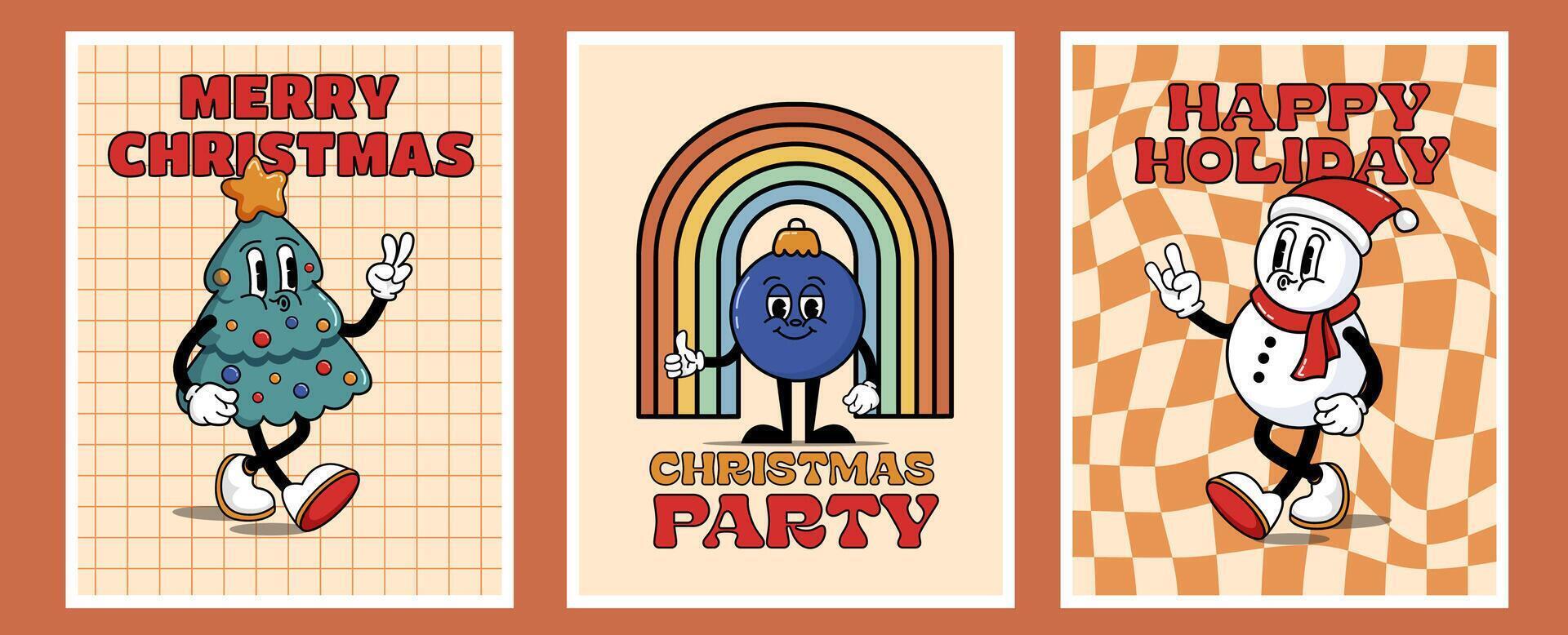 Set of cool retro cards with characters. Cool hippie Christmas.Cool and bright greeting card,Merry Christmas,Christmas party, happy holiday poster, print, party invitation, background. vector