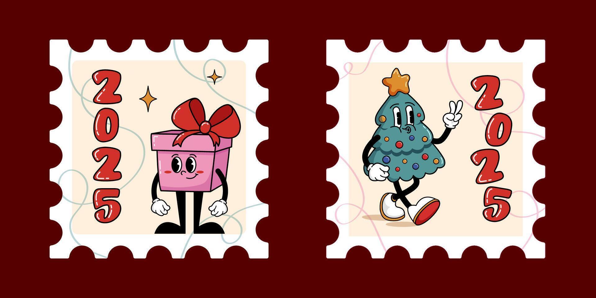 Cool hippie characters tree and gift, on Christmas stamps. New Year hand drawn set. Set of Christmas stamps 2025. vector