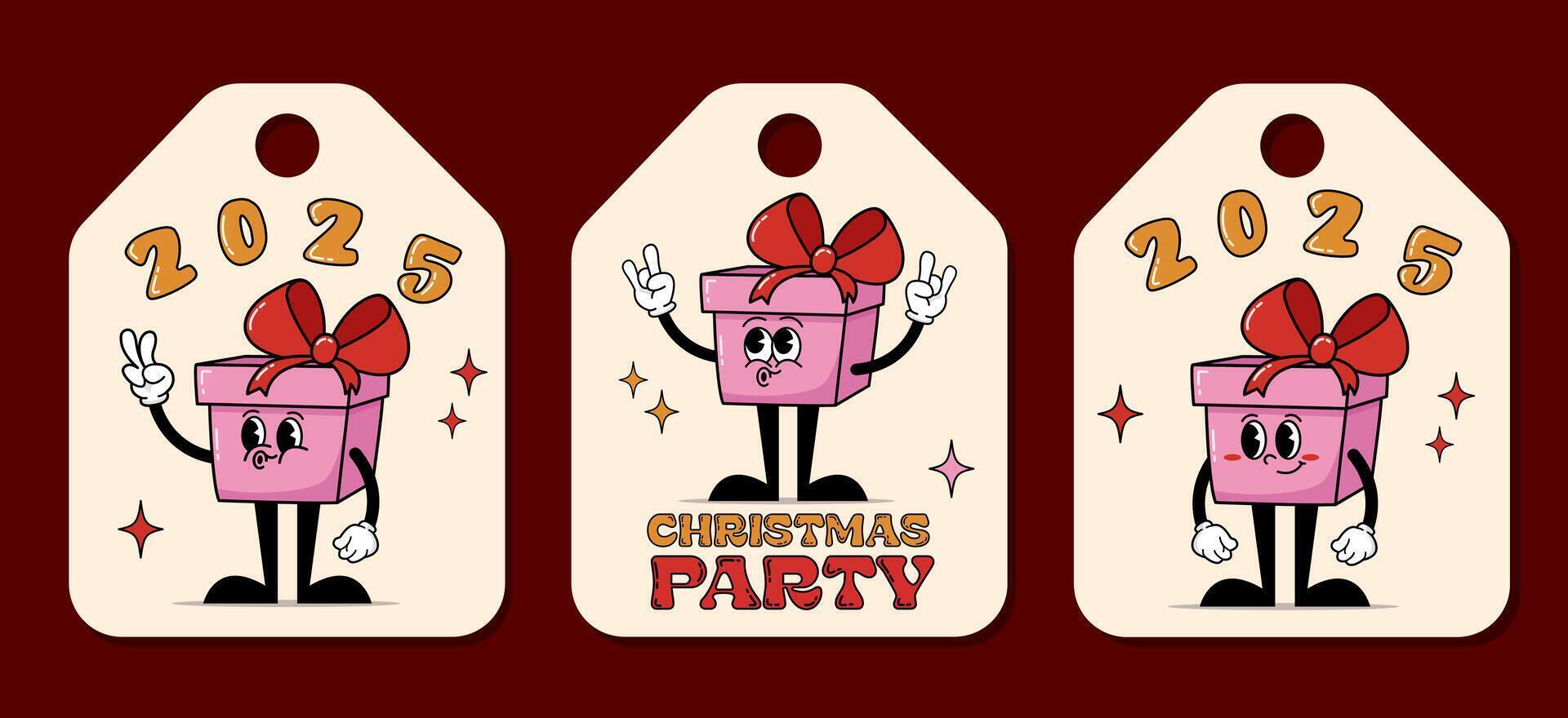 Christmas gift tags 2025 retro hippie style Christmas party with character gift box. Printable holiday labels for hanging on presents. Set of winter holiday labels with greetings vector