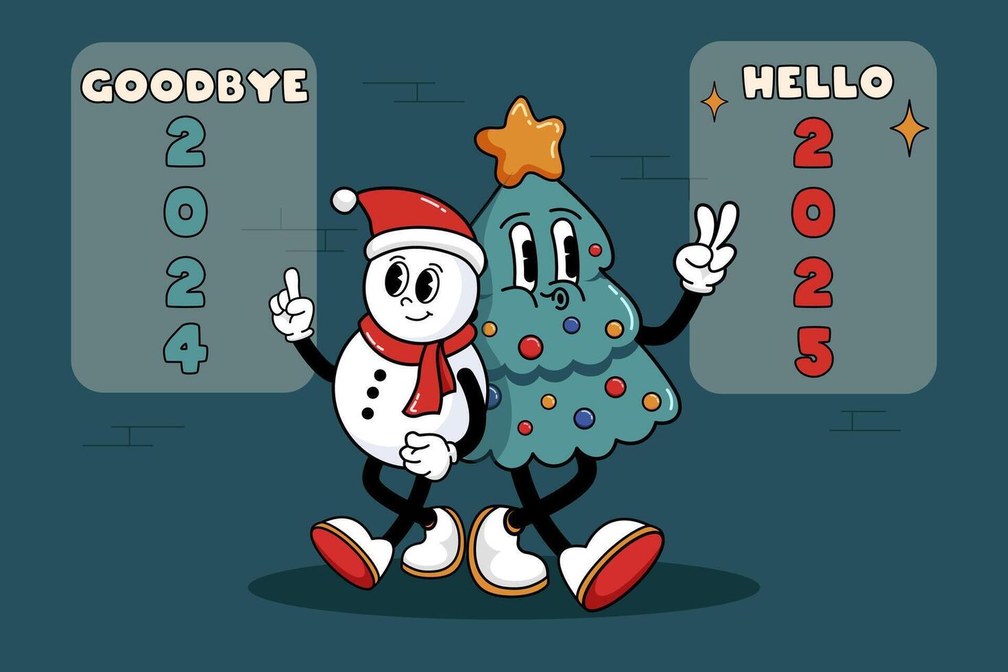 Goodbye 2024, hello 2025. Groovy Christmas card or poster design. Christmas tree and snowman. Cool 70s style Christmas cards. vector