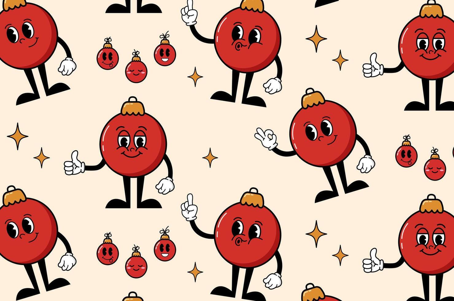 Christmas pattern character red Christmas tree ball in Groovy hippie style. Merry Christmas and Happy New Year, trendy vintage retro pattern 70s. vector