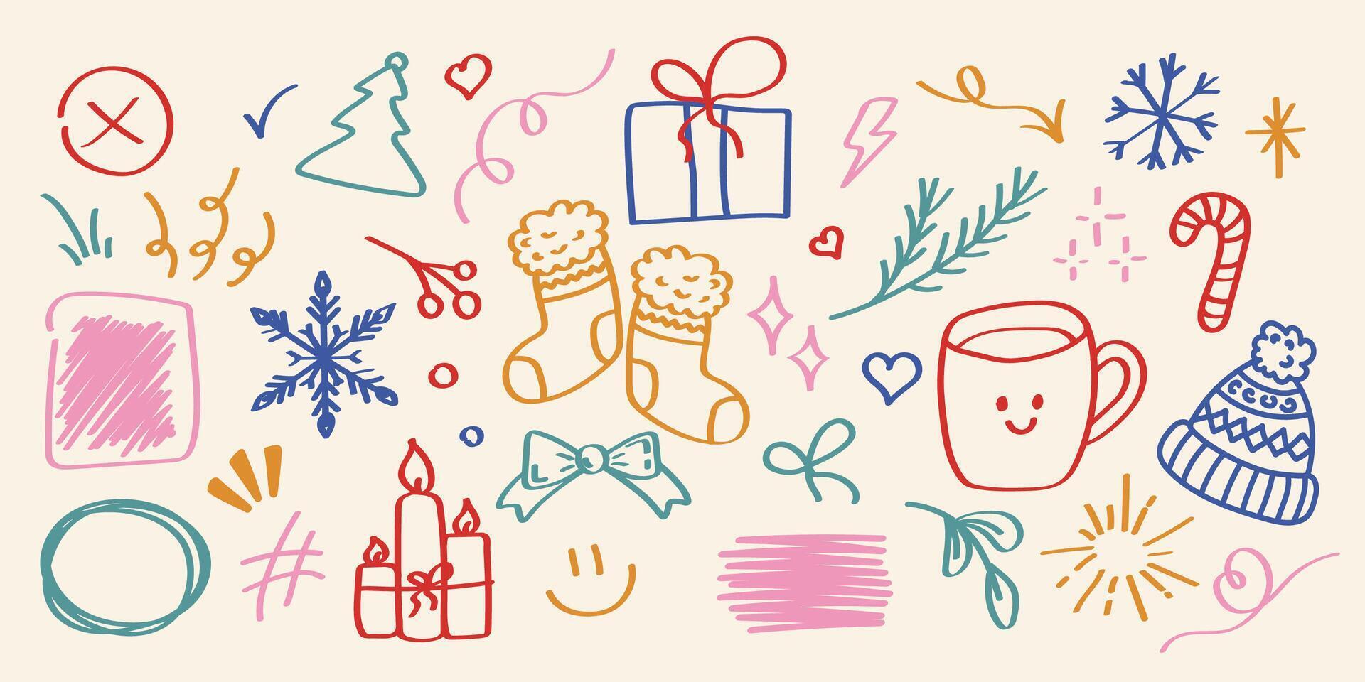 Doodle different New Year objects cute set. Christmas new year. cute set of elements in doodle line style winter set vintage.Comic cartoon effect cute element set.Cute hand drawn doodle. vector