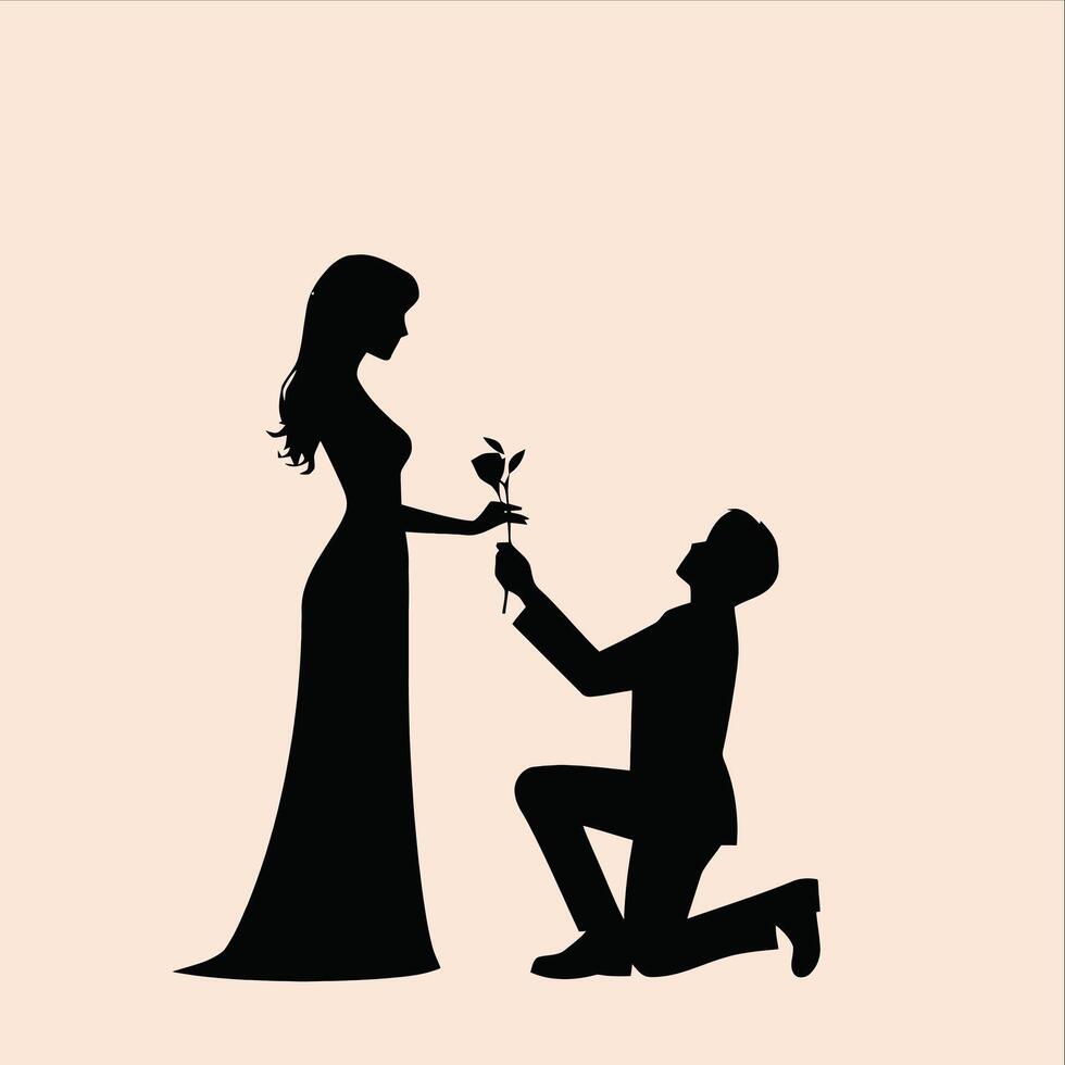 Silhouette of a man kneeling down to give a woman a rose vector