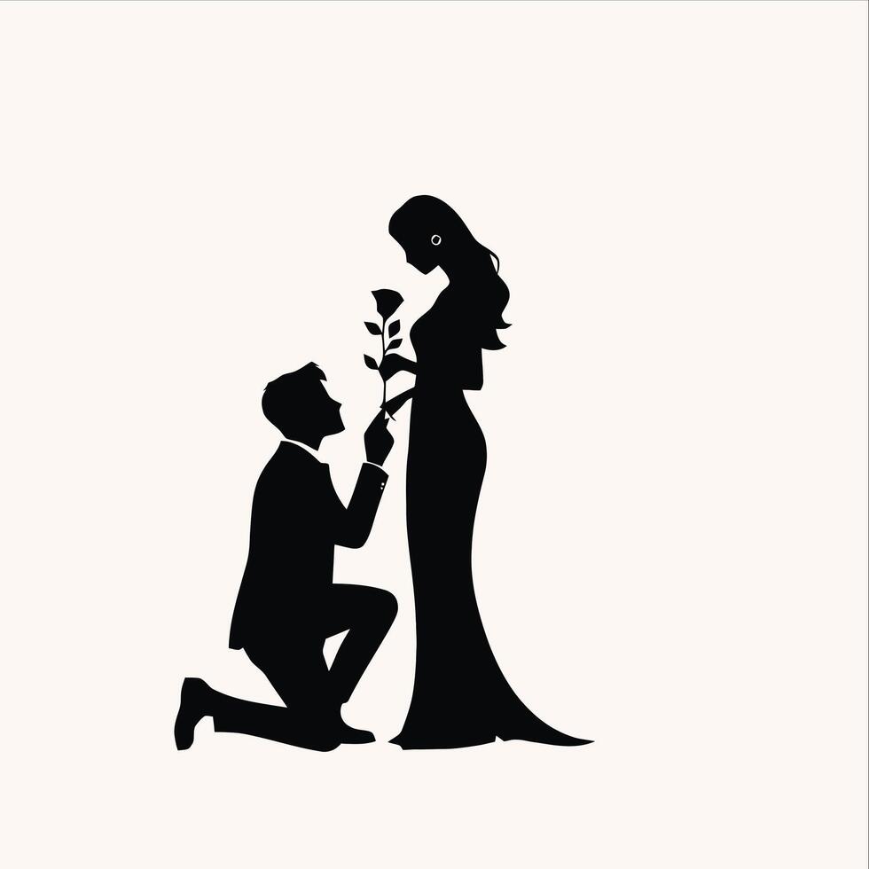 Silhouette of a man kneeling down to propose to a woman vector
