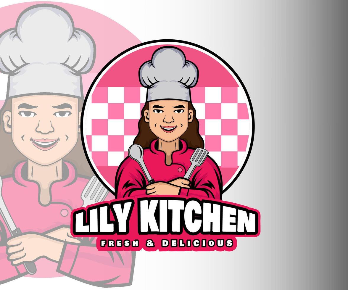 A charming logo, showcasing a smiling female chef with cooking utensils. Fresh and delicious vector