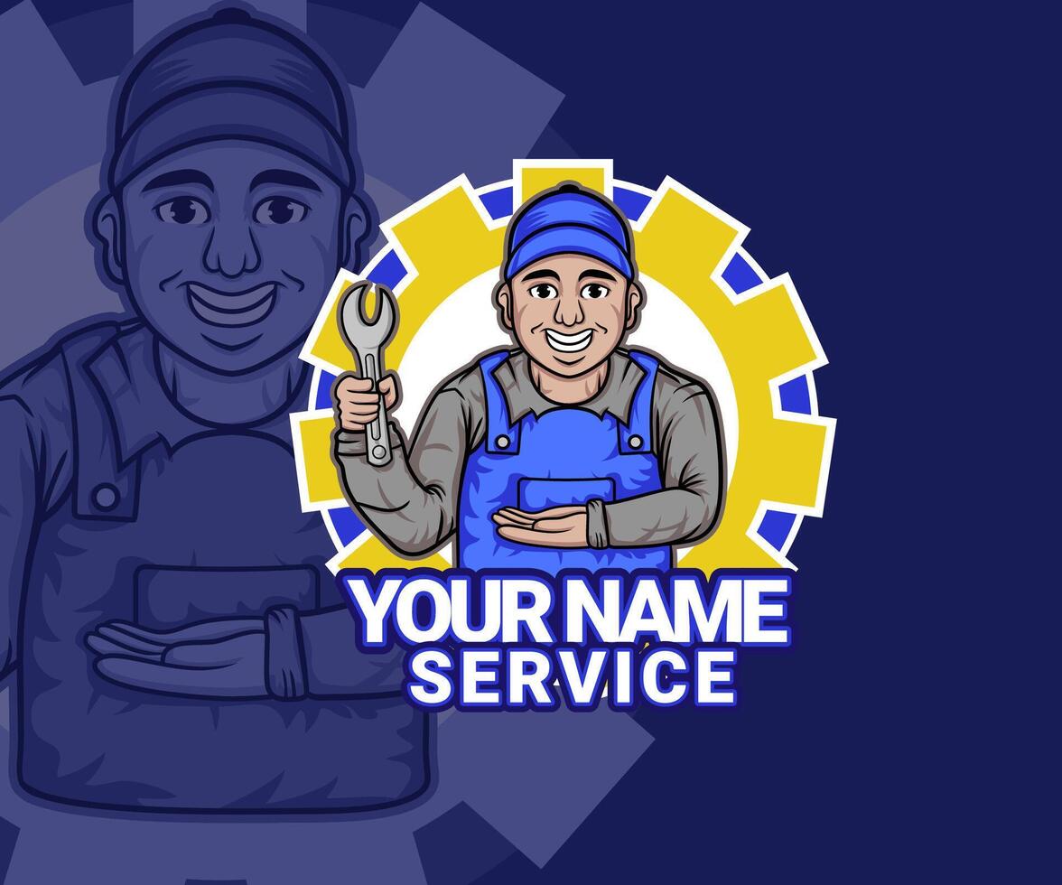 Cartoon mechanic logo. Friendly and reliable service. vector
