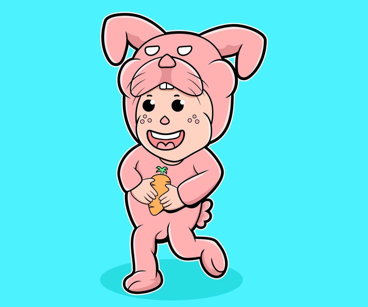 A cute cartoon illustration of a child dressed in a pink bunny costume, holding a carrot. Joyful and playful vector