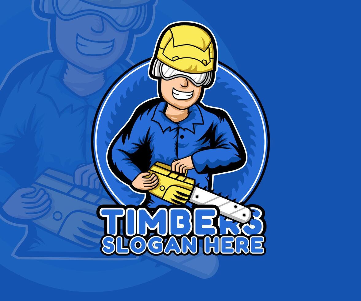 Cartoon lumberjack logo, perfect for a timber company. Features a smiling lumberjack in blue overalls, holding a chainsaw. vector