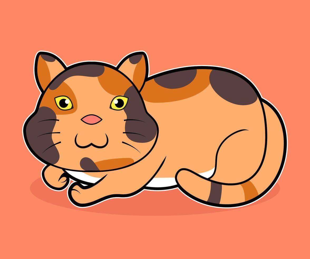 Illustration of a cute calico cat lying down. The cat is orange, brown, black, and white. vector