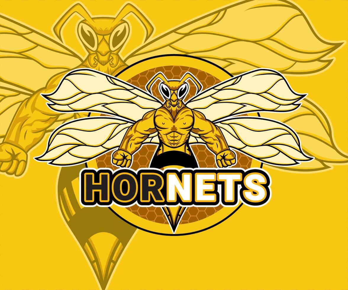A powerful logo design featuring a muscular wasp with large wings, set against a honeycomb background. Perfect for sports teams or businesses. vector