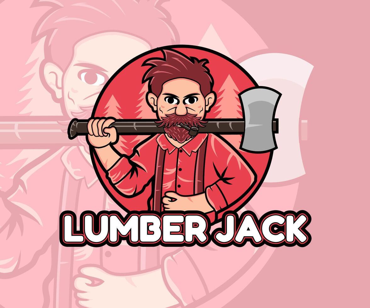 Cartoon Lumberjack Mascot Logo. Red, friendly, strong, carrying an axe. vector