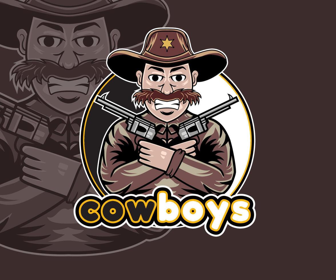 A fierce cartoon cowboy logo design. He's holding two guns, wearing a cowboy hat, and has a mustache. vector