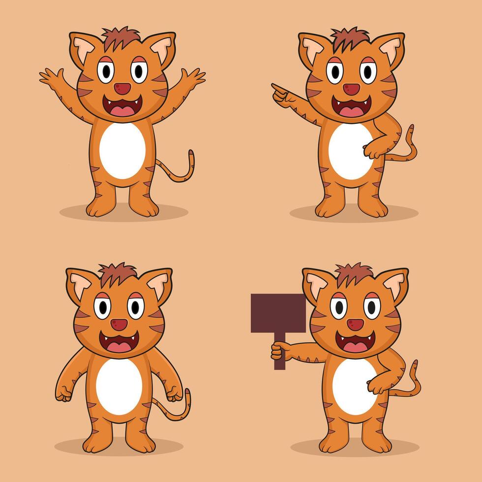 Four cute orange kitten cartoon characters showing different poses, including pointing, holding a sign, and happy gestures. vector
