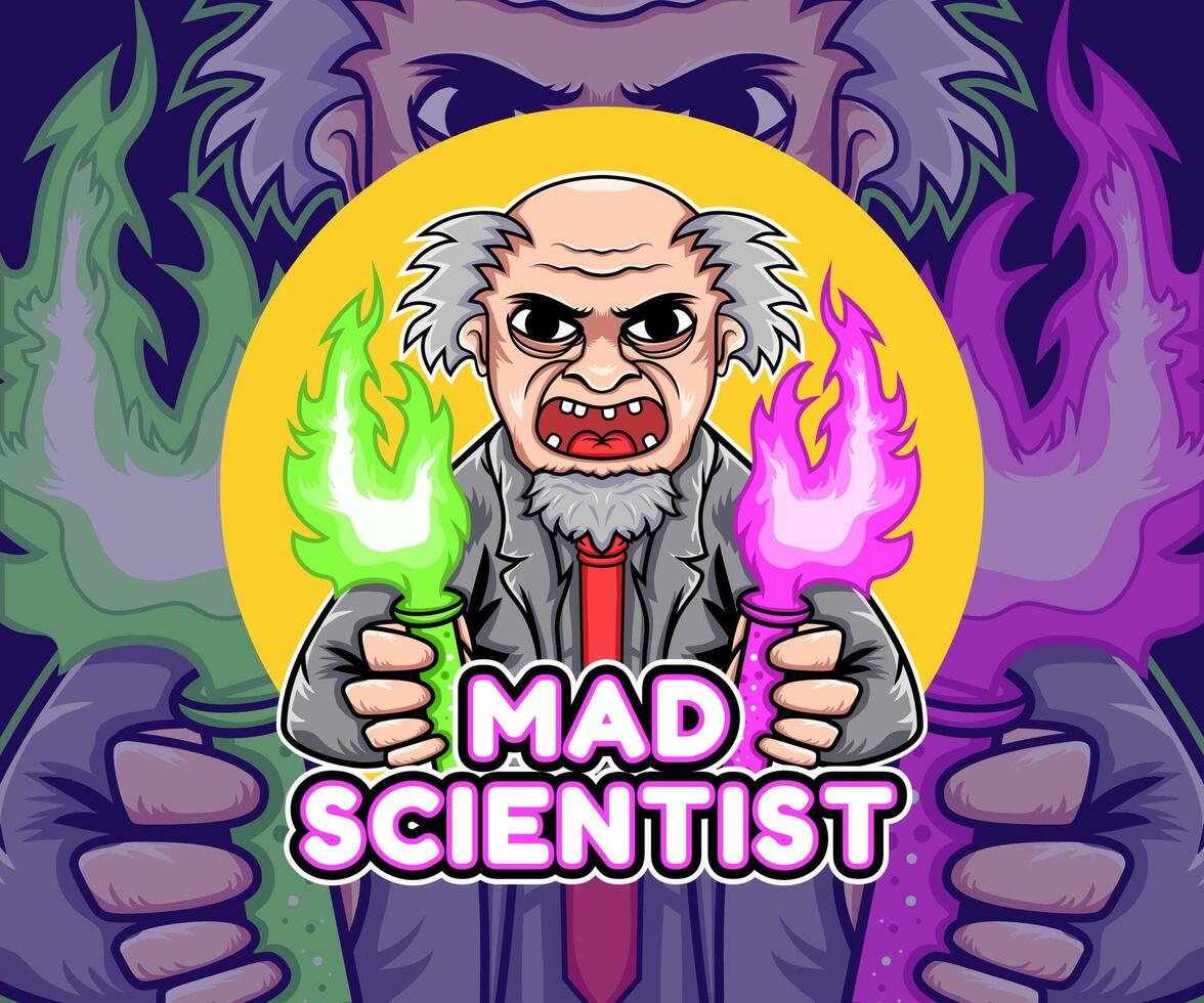 A cartoon mad scientist holding two flaming test tubes. Fun, illustrated logo design. vector
