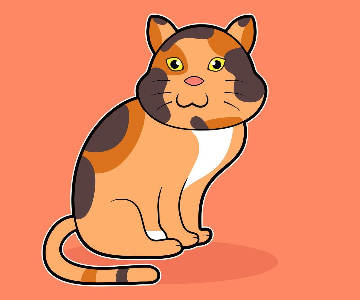A charming illustration of a calico cat sitting. The cat is orange, brown, black and white. vector