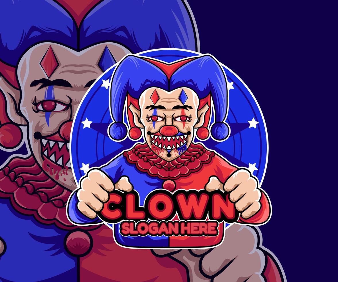 A chilling clown mascot logo, perfect for Halloween or spooky themes. Features a scary jester in red and blue. vector